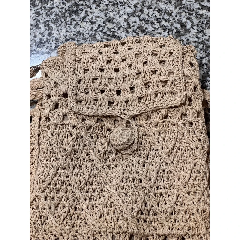 Woven Crochet Backpack Womens OS Tan Straw Paper Boho Coastal Indie Festival 90s